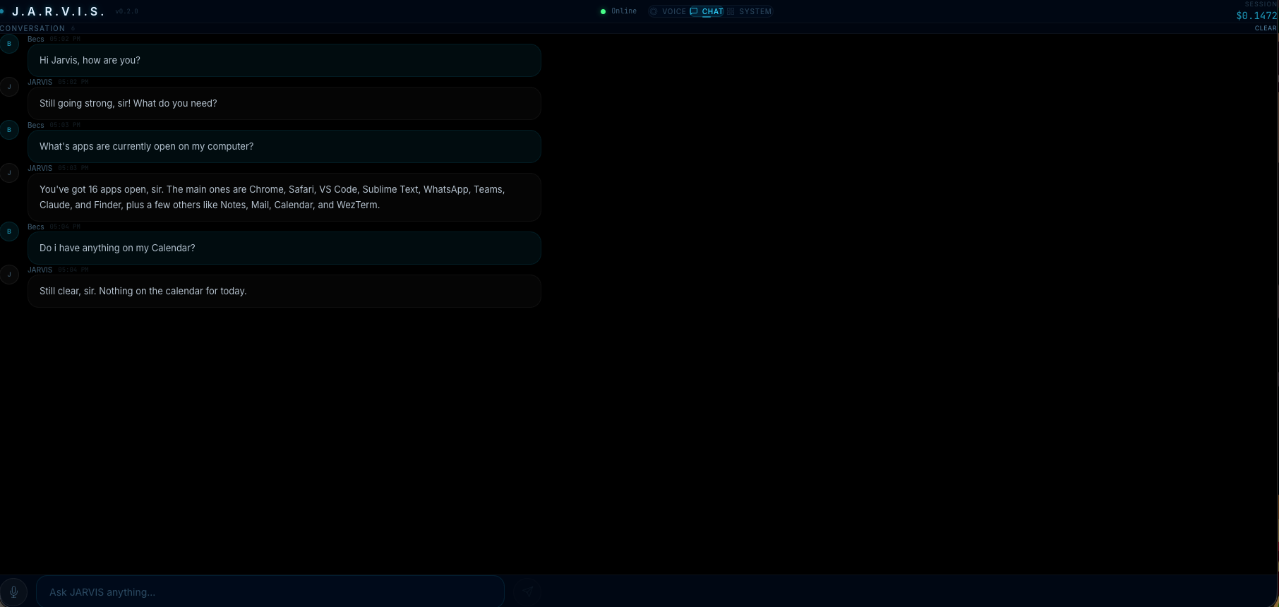 Jarvis’s repository screenshot showing a conversation and desktop app lookup